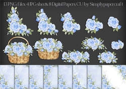 Blue Watercolour Rose Vignette Basket and Papers