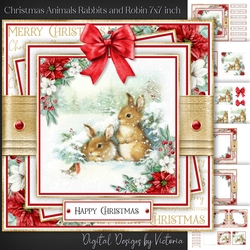 Christmas Animals Rabbits and Robin 7x7 inch