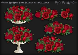 Vintage Red Roses Stone Planter with Decoupage