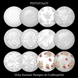 Grey and White Floral Brad/Button Embelishment set of 12