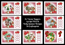 Red Floral Christmas Scene 7x7 Toppers set of 8