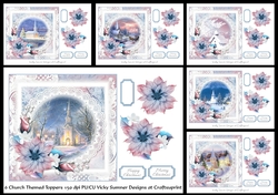 Pink and Blue Church Christmas Scene 7x7 Toppers set of 6
