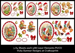 Vintage Christmas Teddy Toppers set of 5 A4 Sheets