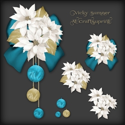 White Poinsettia Teal and Gold Bauble and Bow Vignette