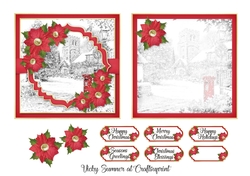 Christmas Village Sketch and Poinsettia 5x5 inch Quick Card