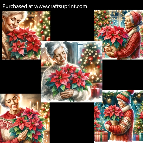 Eldery Woman Holding Christmas Flowers Card Fronts