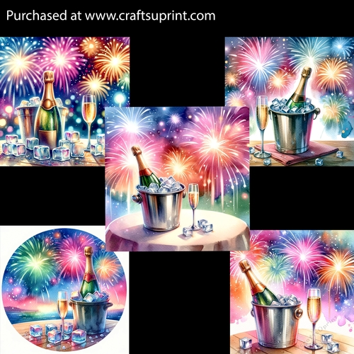 Watercolor Champagne and Fireworks 