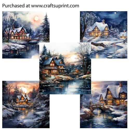 Serene Winter Cottage by the River Card Fronts