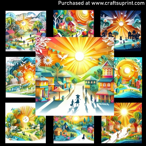 Paper-cut sunlit village - CARD FRONTS