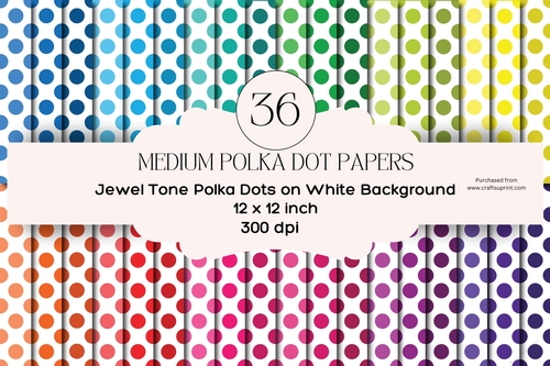 36 Jewel Tone Polka Dots on White Digital Paper Backgrounds