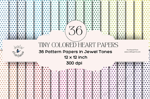 36 Tiny Heart in Jewel Colors on White Digital Paper Backgrounds
