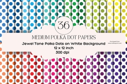 36 Jewel Tone Polka Dots on White Digital Paper Backgrounds