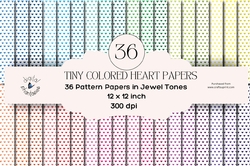36 Tiny Heart in Jewel Colors on White Digital Paper Backgrounds