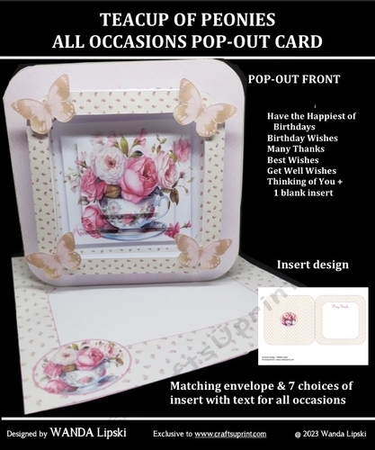 TEACUP OF PEONIES ALL OCCASIONS POP-OUT FRONT CARD KIT