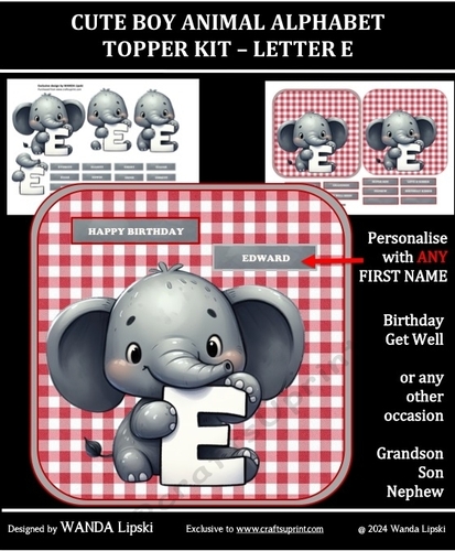 CUTE BOY ANIMAL ALPHABET TOPPER KIT - LETTER E