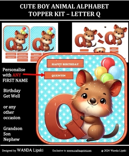CUTE BOY ANIMAL ALPHABET TOPPER KIT - LETTER Q