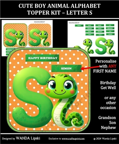 CUTE BOY ANIMAL ALPHABET TOPPER KIT - LETTER S