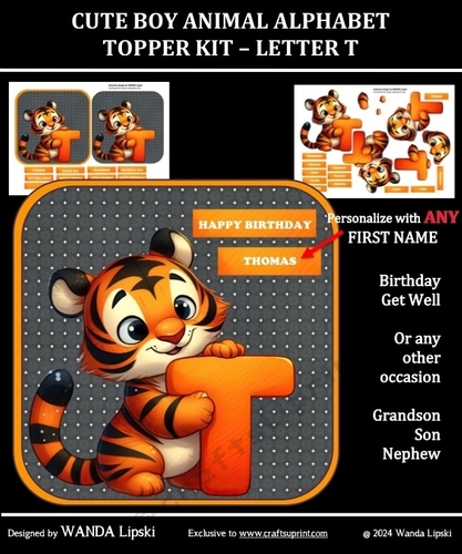 CUTE BOY ANIMAL ALPHABET TOPPER KIT - LETTER T
