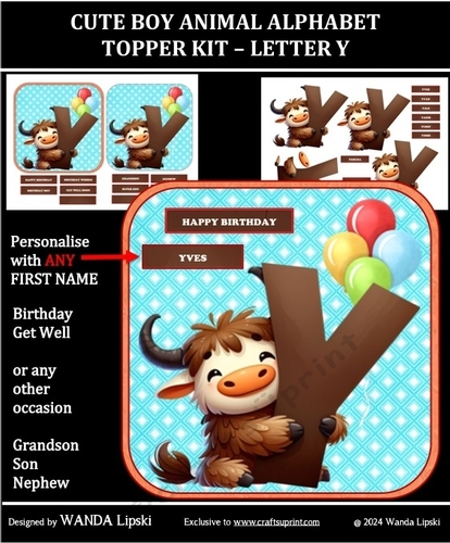 CUTE BOY ANIMAL ALPHABET TOPPER KIT - LETTER Y