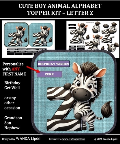 CUTE BOY ANIMAL ALPHABET TOPPER KIT - LETTER Z