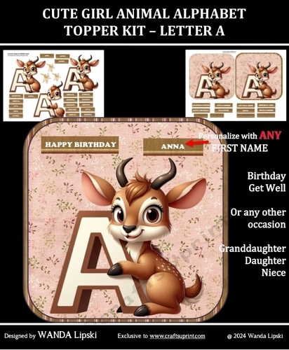CUTE GIRL ANIMAL ALPHABET TOPPER KIT – LETTER A
