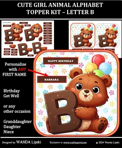 CUTE GIRL ANIMAL ALPHABET TOPPER KIT – LETTER B