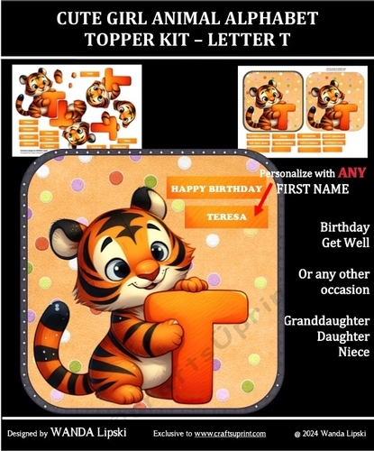 CUTE GIRL ANIMAL ALPHABET TOPPER KIT – LETTER T