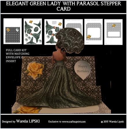Elegant Lady in Green with Parasol Stepper Card Kit