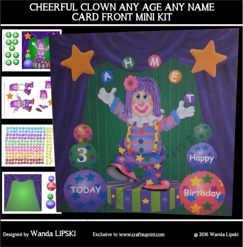 CHEERFUL CLOWN ANY AGE ANY NAME CARD FRONT MINI KIT