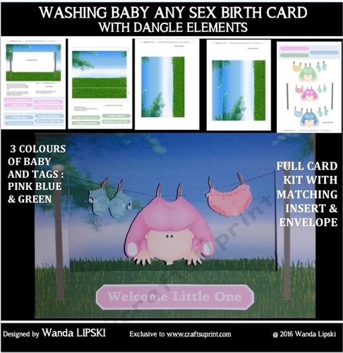 WASHING BABY ANY SEX BIRTH CARD WITH DANGLE ELEMENTS