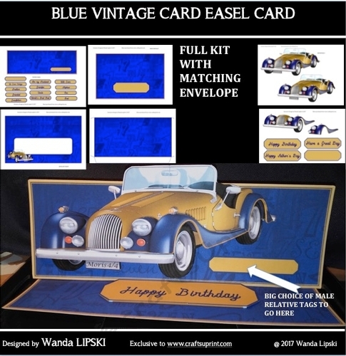 BLUE VINTAGE CAR MALE RELATIVES EASEL CARD