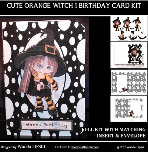 CUTE ORANGE WITCH 1 BIRTHDAY FOLD CARD COMPLETE KIT
