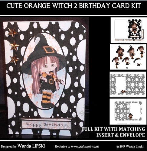 CUTE ORANGE WITCH 2 BIRTHDAY FOLD CARD COMPLETE KIT