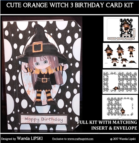 CUTE ORANGE WITCH 3 BIRTHDAY FOLD CARD COMPLETE KIT