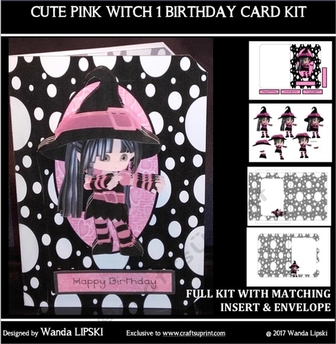 CUTE PINK WITCH 1 BIRTHDAY FOLD CARD COMPLETE KIT