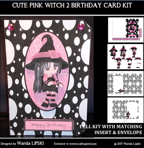 CUTE PINK WITCH 2 BIRTHDAY FOLD CARD COMPLETE KIT