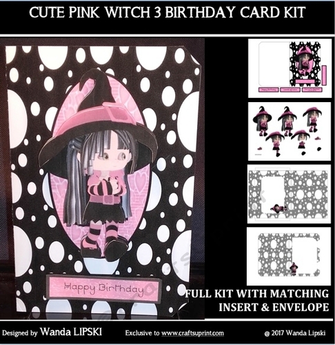 CUTE PINK WITCH 3 BIRTHDAY FOLD CARD COMPLETE KIT