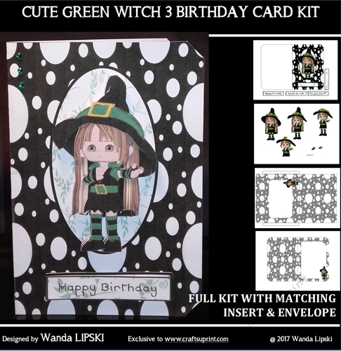 LITTLE GREEN WITCH 3 BIRTHDAY FOLD CARD COMPLETE KIT