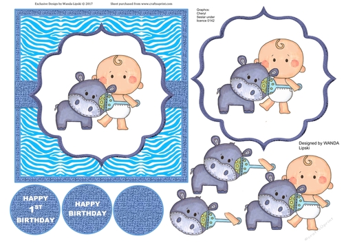 CUTIE BABY WITH HIPPO 1ST  BIRTHDAY TOPPER