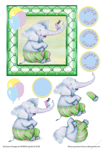 ELEPHANT AND BIRD-DAY WISHES TOPPER