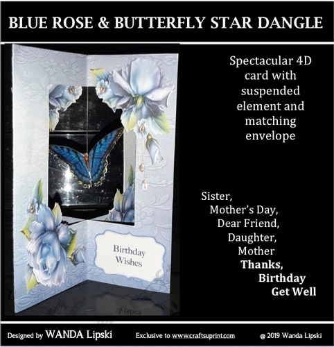 BLUE ROSES & BUTTERFLY STAR DANGLE CARD