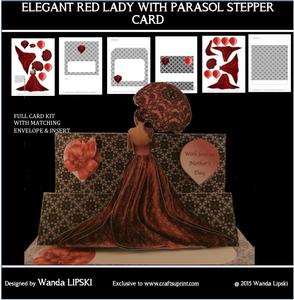 Elegant Lady in Red with Parasol Stepper Card Kit