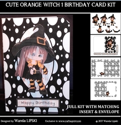 CUTE ORANGE WITCH 1 BIRTHDAY FOLD CARD COMPLETE KIT