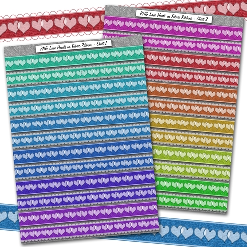 24 PNG Lace Hearts on Fabric Ribbons