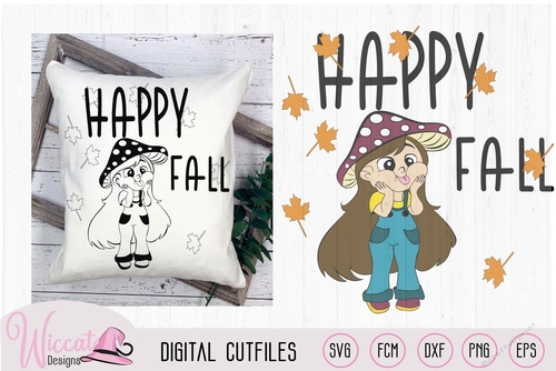 Funny mushroom girl, Happy fall quote, october design, 