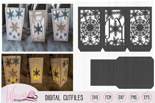 Joy Christmas lantern template, snowflakes and ice stars, paper die cut file,