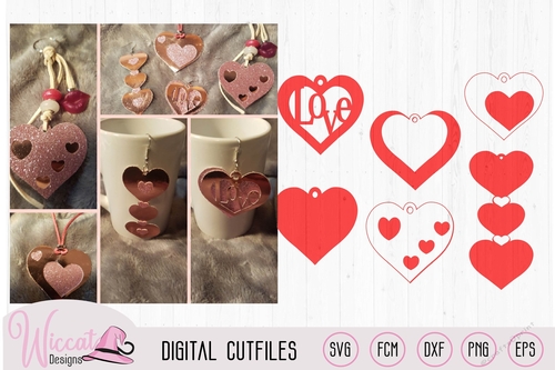 Valentine Leather earring template, heart keychain, leather jewel template, necklace heart template