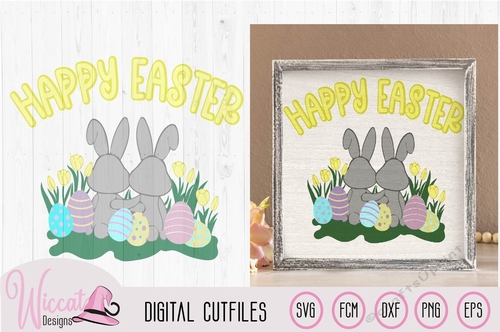 Two little bunnies in a flower field with Easter eggs svg, Cartoon rabbit, 