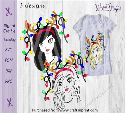 Girl with antlers and Christmas lights, Girl face, Line art girl, teen,Girl silhouet, cut file