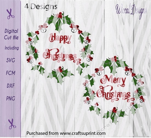 Christmas wreat, branch, Christmas bells, happy Christmas, glass block cut file
